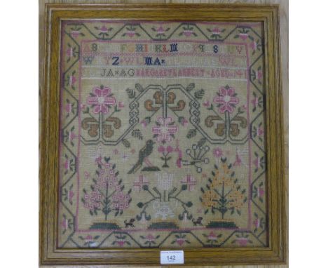 19th century needlework sampler, worked by Margaret Lambert, Aged 14, in glazed frame, 35 x 40cm