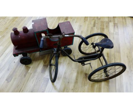 A vintage child's red painted Woody engine and a tricycle (2) 