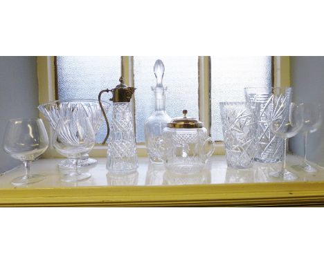 Mixed lot to include Epns mounted and glass claret jug together with a biscuit barrel, decanter, vases and drinking glasses (
