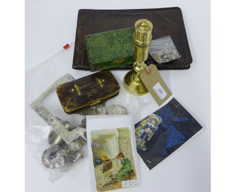 A mixed lot to include paste costume brooches, scrap silver items, loose scraps and cards, photograph album, brass wick light