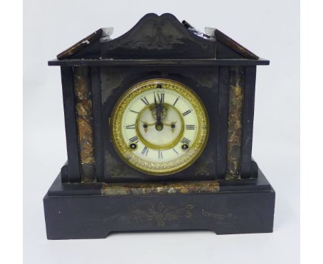 Black slate mantle clock, the dial with Roman numerals to a chapter ring, complete with key