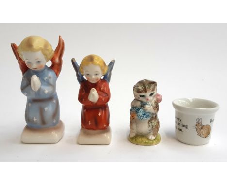 Two Hummel praying angel figurines (af), the taller 12.5cmH; together with a Beswick Beatrix Potter 'Miss Moppet' figurine; a