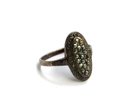 A white metal ring set with marcasites, 2.1g, size M 1/2 