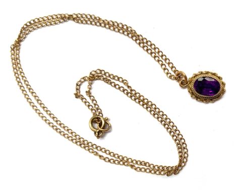 A 9ct gold amethyst pendant with chain link border, on a 9ct gold chain, approx. 2.1g 