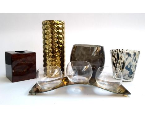 An Ercius plated tea light holder, Nina Campbell tissue box and three vases, the tallest 30cmH 