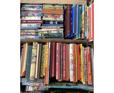 Two mixed boxes of children's books to include annuals, Pinky and Perky, Jack and Jill, Crystal, Bugs Bunny, Mandy, Fairy Tal
