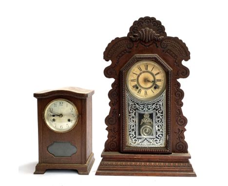 An American Ansonia mantel clock with glazed door and painted scrolling decoration, 56.5cmH, together with an oak cased mante