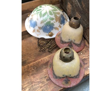A pair of milk glass light shades with floral etched and painted decoration, 17.5cm high; together with one other frosted mil