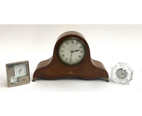 A small French eight day mantel clock, 16cmH, together with a Royal Opera house desk clock and a Waterford crystal desk clock