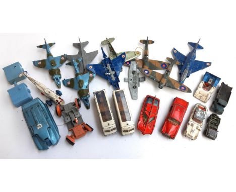 A quantity of Dinky die cast vehicles and planes to include Harrier, Sea King, Spitfire Mk II, Lunar Roving Vehicle, Phantom 