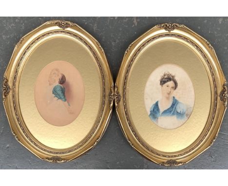 Two 19th century watercolours, portrait of lady in blue and the narcissist, each 23x18cm 