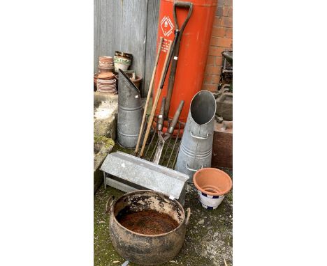 Two galvanised coal scuttles, potato fork, poultry feeder, etc 