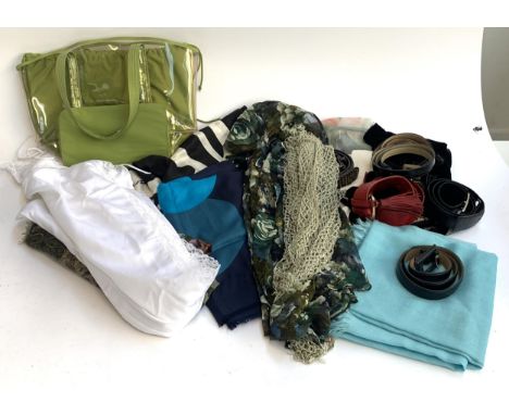 A quantity of scarves to include Anais Anais Cacharel, Pierre Cardin, together with a quantity of belts, a green handbag etc 