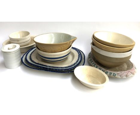 A set of meat plates, together with various mixing bowls, including TG Green Cornish ware, Cloverleaf pottery and a 19th cent