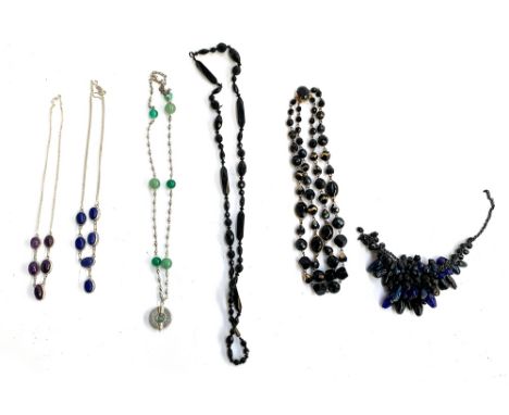 A 925 silver and amethyst necklace together with a matching 925 silver and lapis lazuli necklace, black cut glass bead double