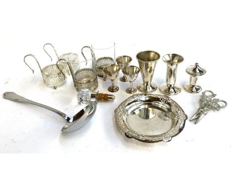 Three Dugma Israel silver plated ceremonial cups, three small silver plated chalices, Guy Degrenne serving spoon, Mappin &amp