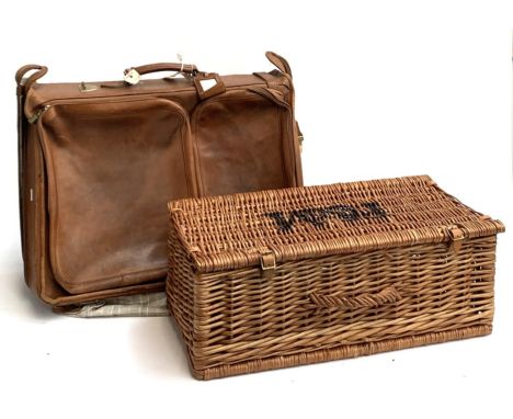 A Fortnum &amp; Mason wicker hamper, 60cmW, together with a pigskin travel case 