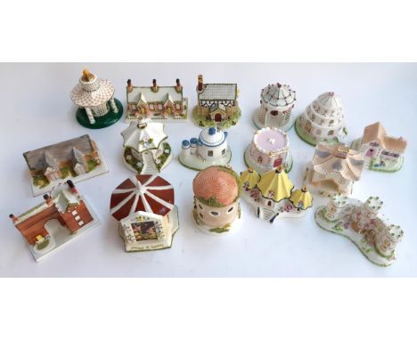 A lot of sixteen various Coalport ceramic cottages to include The Alms Houses, Rose Arbour, The Wedding Chapel, The Umbrella 