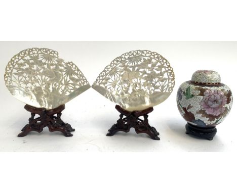 A Chinese cloisonne ginger jar with Chrysanthemum decoration, together with a pair of pierced mother of pearl plaques on carv