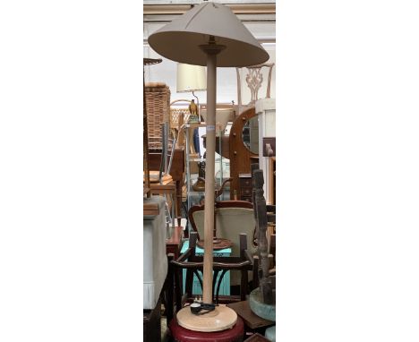A turned wood standard lamp with shade, 130cmH to fitting