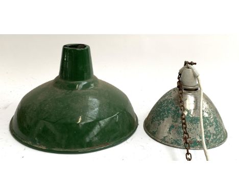 A green enamel industrial hanging light shade, 41cmD, together with one other, 26cmD 