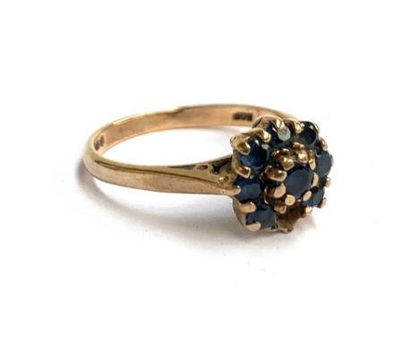 A 9ct gold and sapphire floral cluster ring (one stone missing), approx. 2.5g, size M 