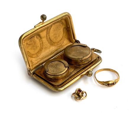 A leather sovereign holder, together with a gold shell ring, size T; yellow metal stick pin terminal set with red stone (af) 