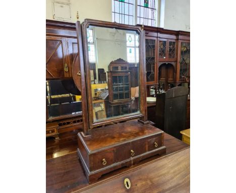 Victorian mahogany flame veneer 3 drawer dressing mirror upon bracket footed platform base with brass fittings.
