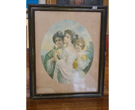 Victorian coloured print of 3 Victorian ladies.