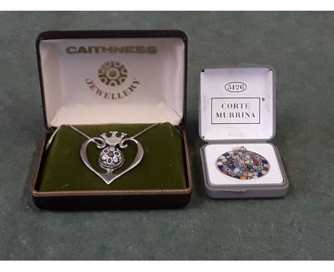 A sterling silver Caithness Luckenbooth heart shaped pendant with central Millefiorl on sterling silver chain together with a
