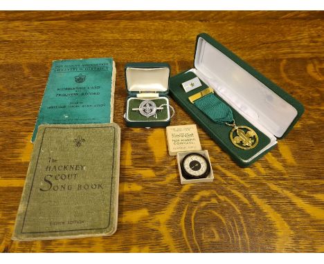 Scouting memorabilia to include sterling silver badge 6g, map reading compass, medal, lapel badge,  The Hackney Scout song bo