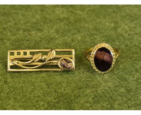 A sterling silver Blue John ring (M) and an Arts &amp; Crafts sterling brooch with Blue John flower head.