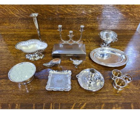 Assorted EPNS to include cigarette box, Oneida candle holder, night stick, pin cushion, etc.