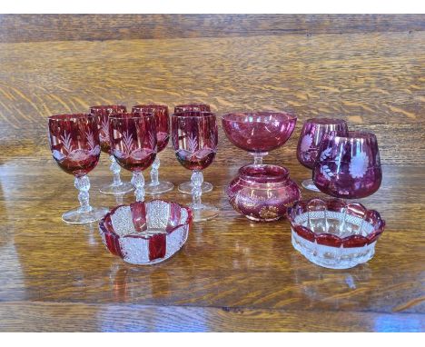 A set of 6 twist stem ruby glasses and other ruby and cranberry glassware.