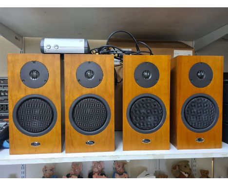 A set of 4 cherry Linn Katan wall hung speakers in excellent condition with wall hangers together with QED SS21 2 way paralle