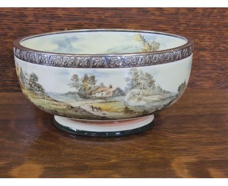 Royal Doultn series ware bowl, internal and external print with decorated EPNS rim, 175mm diameter.