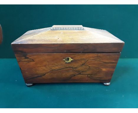 Regency rosewood sarcophagus shaped tea caddy with interesting penned inscription to the underneath of one of the internal bo