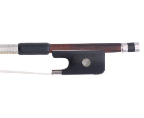 French silver mounted violoncello bow stamped Lamy, the stick round, the ebony frog inlaid with large pearl eyes and the ebon