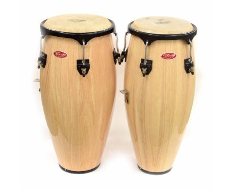 Good pair of Stagg congas, 28" high, natural wood finish (2)