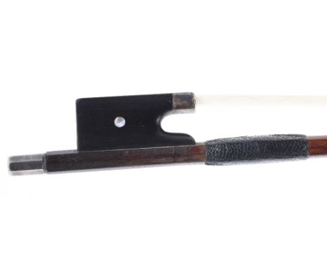 German silver mounted violin bow by and stamped C.A. Hoyer, the stick round, the ebony frog inlaid with small pearl eyes and 