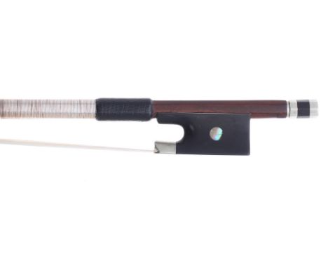 French nickel mounted violin bow, unstamped, the stick round, the ebony frog inlaid with pearl eyes and the ebony adjuster wi