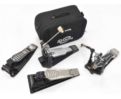 Yamaha bass drum pedal, with carry case; also a Pearl bass drum pedal with double drum attachment, and two electronic pedals 