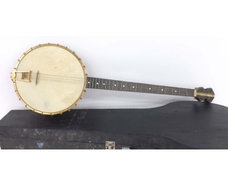 1920s plectrum banjo, with good quality heavy tone ring, twenty-two fret ebony fingerboard, 11" diameter skin and 27.5" scale