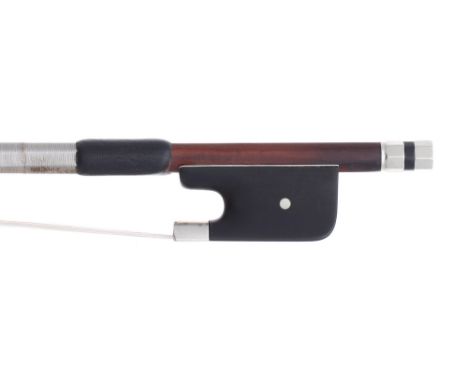 French nickel mounted violoncello bow, unstamped, the stick round, the ebony frog inlaid with small pearl eyes and the ebony 