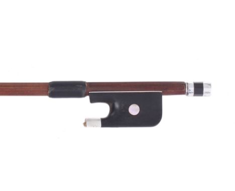 French silver mounted violoncello bow in the style of Henry circa 1860,  with gooseneck head, the stick round, the ebony frog