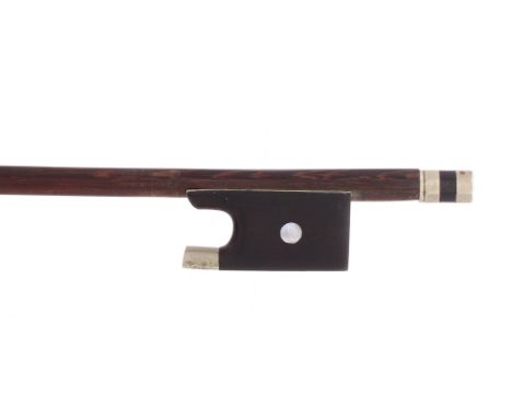 French nickel mounted violin bow of the Peccatte School, unstamped, the stick round, the ebony frog inlaid with pearl eyes an