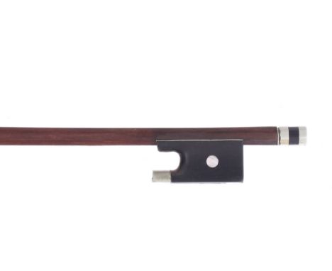 Nickel mounted violin bow, the stick round, the ebony frog inlaid with pearl eyes and the ebony adjuster with two nickel band