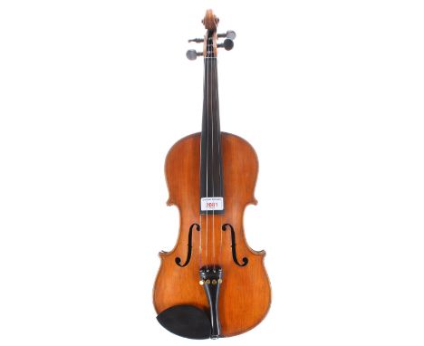 Early 20th century violin, with geometric mother of pearl floral inlay to the back, 14 1/8", 35.90cm