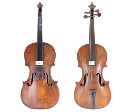 Late 19th century violin, 14", 35.60cm (table sound post crack); also another late 19th century violin, 14 1/8", 35.90cm (2)
