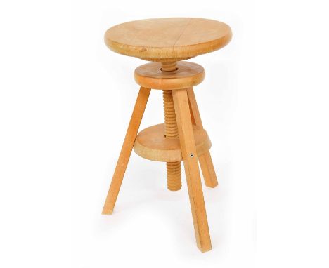 Light wooden adjustable circular tripod stool, 19" high